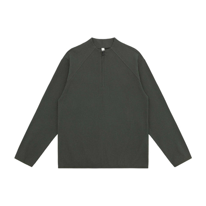 Unisex Waffelstruktur-Halbzip-Pullover mit kurzem Reißverschluss und kastiger Silhouette Echoarchiv