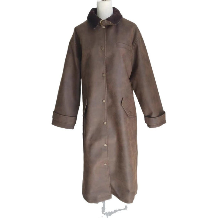 Damen extra langer Oversize Kunstledermantel mit verstellbarem Halsriemen, Druckknopffront, Pattentaschen und weiten Ärmeln – Montévia
