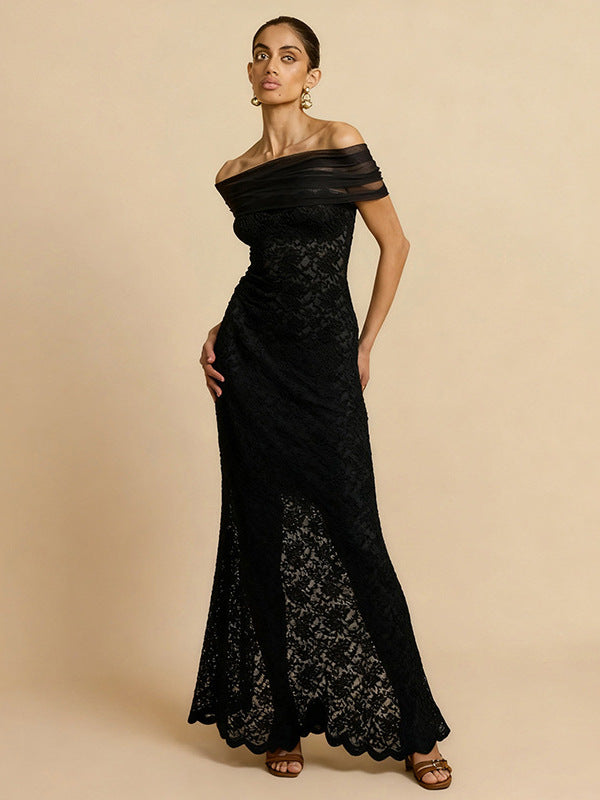 Damen Spitzen-Maxikleid mit schulterfreiem Design und elegantem Drapierungseffekt Echo Archiv