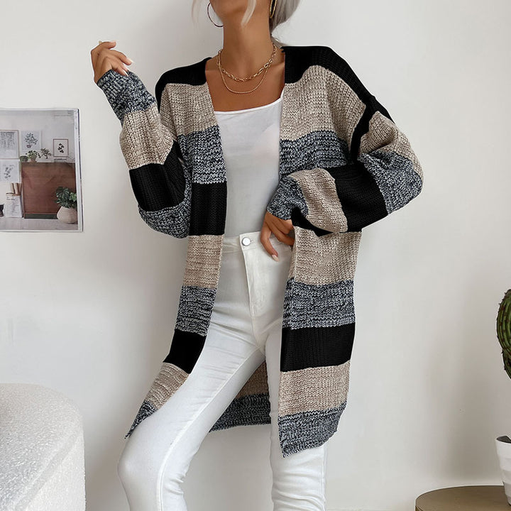 Damen Langer Oversize-Strickcardigan mit Blockstreifen und offener Front – Veloura