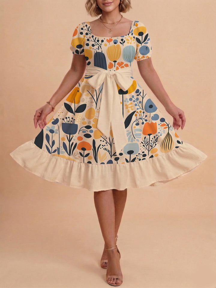 Damen Midi Kleid mit elegantem Blumendruck und tailliertem Gürtel Echo Archiv
