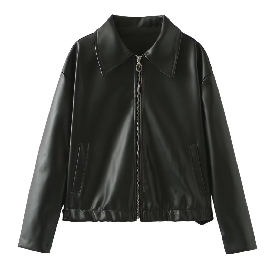Damen Kurze Oversized-Lederoptik-Jacke mit Reißverschluss, Hembund und Kentkragen Echo Archiv