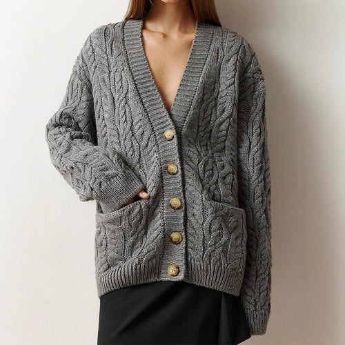 Damen Oversize Zopfmuster-Strickcardigan mit V‑Ausschnitt und aufgesetzten Taschen Echoarchiv