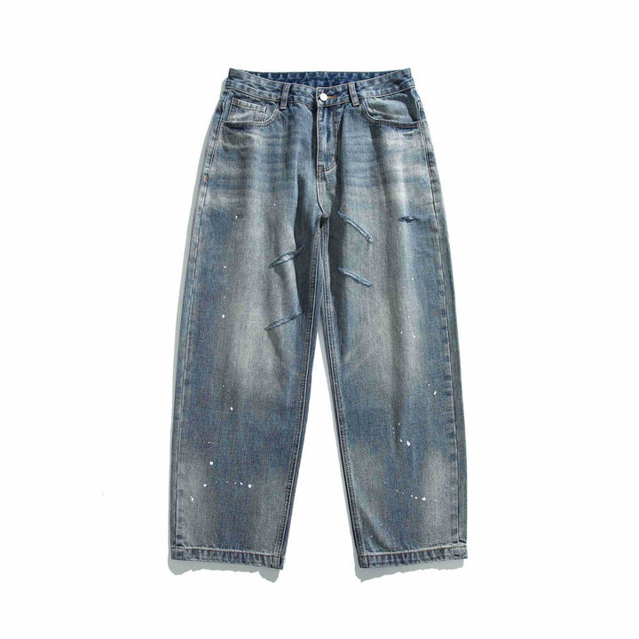 Damen Hochtaillierte lockere Jeans mit Used‑Effekt und Farb‑Splatter Echoarchiv