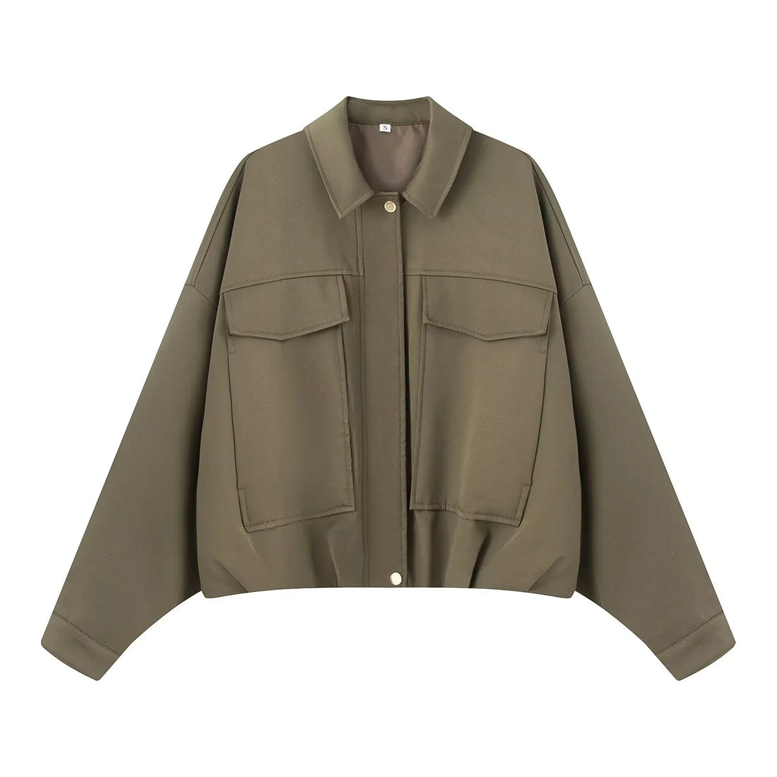 Damen cropped Overshirt-Jacke mit überlanger Ärmelpartie, großen Pattentaschen und verdeckter Druckknopfleiste – Célinea