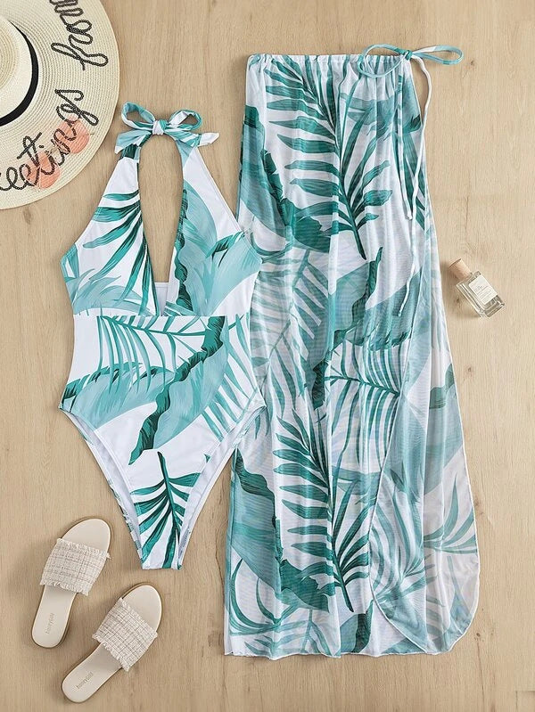 Damen Eleganter Einteiler mit blumigen Mustern und passendem Sarong Echo Archiv