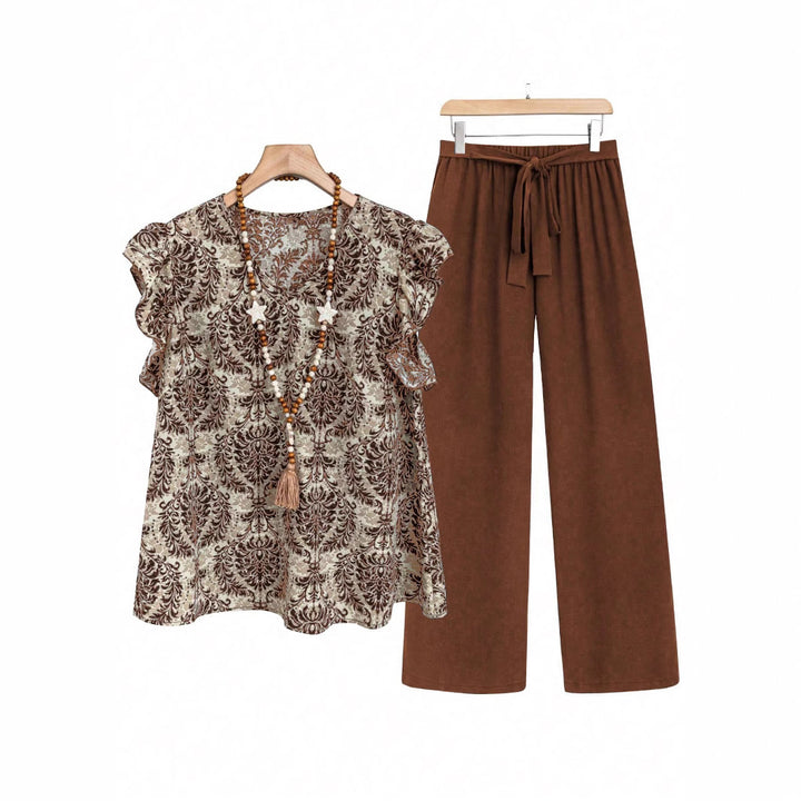 Damen Zweiteiliges Ensemble mit Rüschen-Printbluse und weitem Taillen-Hosenmodell – Élanora