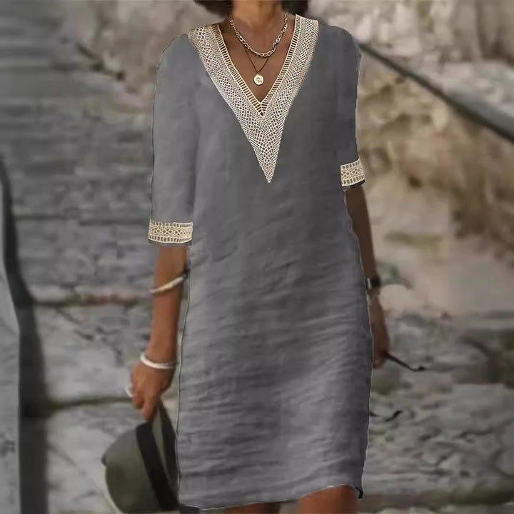 Damen Leinenlook Midi Kleid mit gehäkeltem V-Ausschnitt und 3/4 Ärmeln Echoarchiv