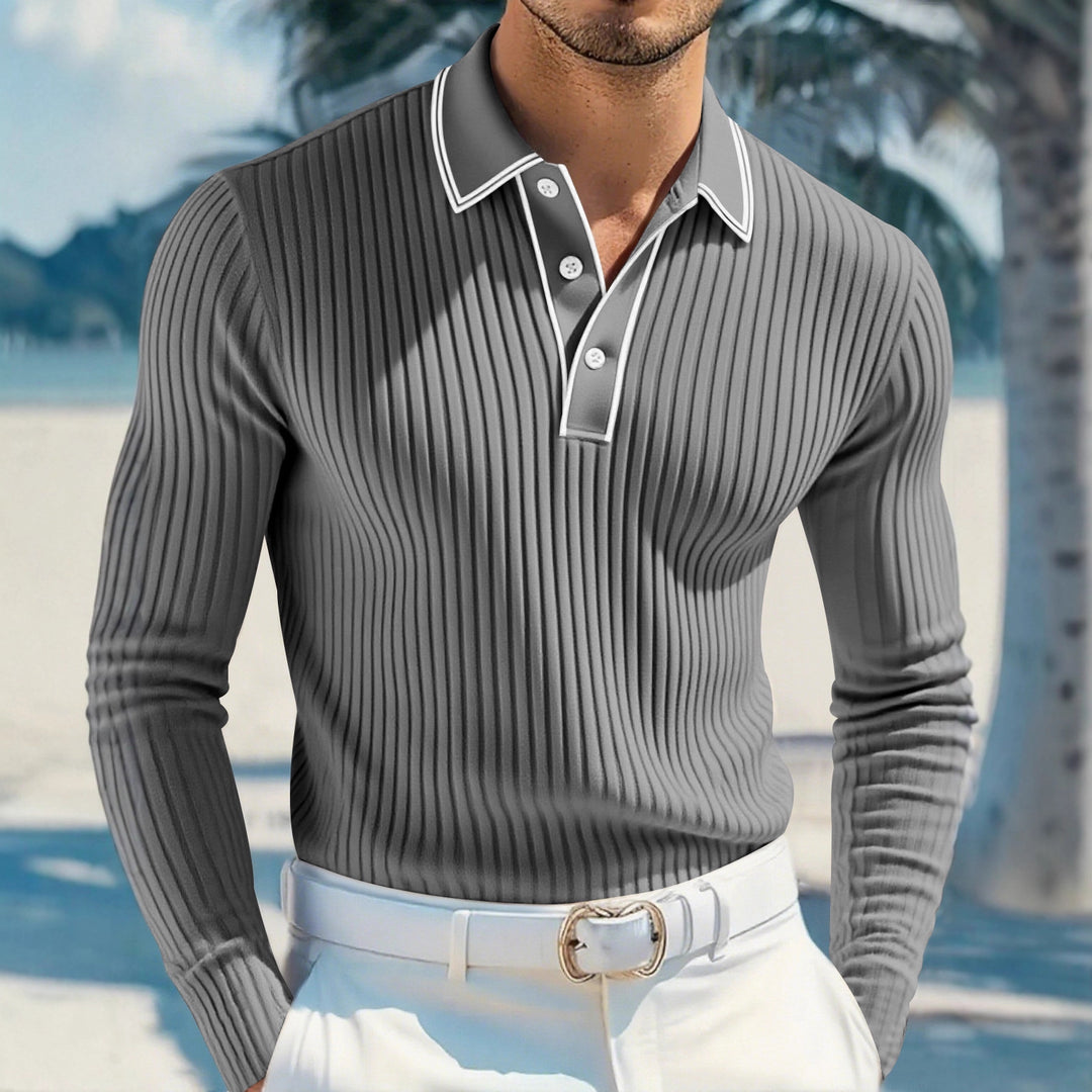 Herren elegantes Langarm-Polohemd mit modischem Stehkragen und strukturierter Oberfläche Echoarchiv