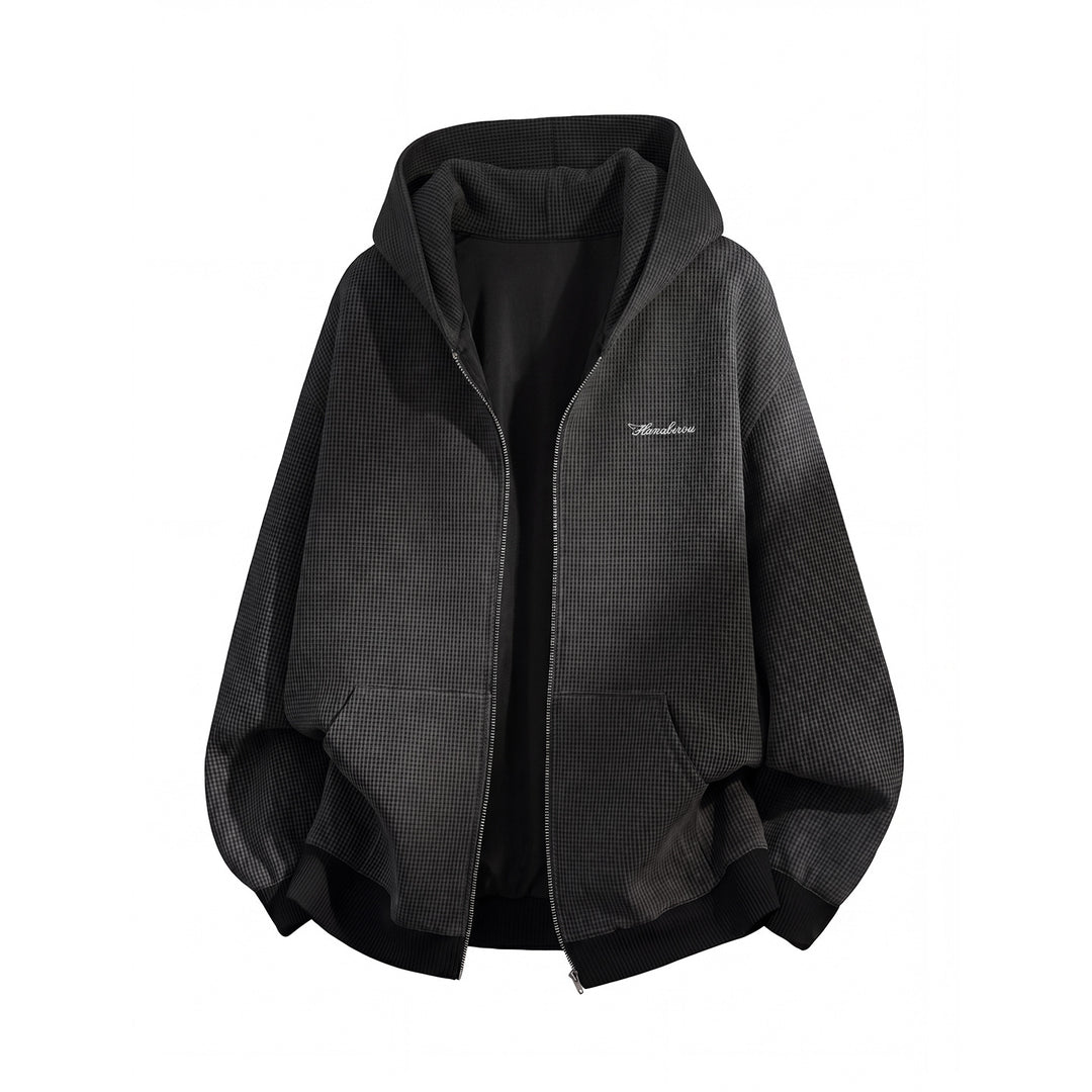 Unisex Oversize Kapuzen-Zipperjacke mit Hahnentrittstruktur und Rippbündchen Echo Archiv