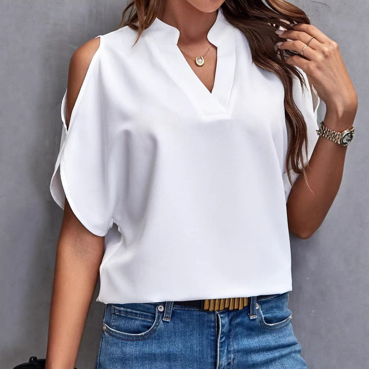 Damen Schulterfreie Chiffonbluse mit V-Ausschnitt und Stehkragen – Élovi
