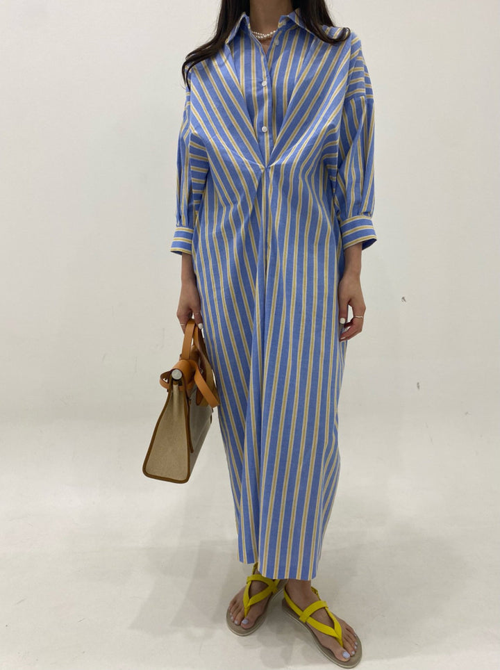 Damen Gestreiftes Hemdblusenkleid Maxi mit verdeckter Knopfleiste und Seitentaschen Echoarchiv