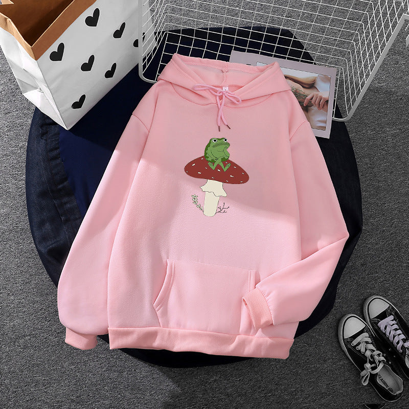 Damen oversized Kapuzenpullover mit Kängurutasche und Frosch‑Pilz-Print – Auréline