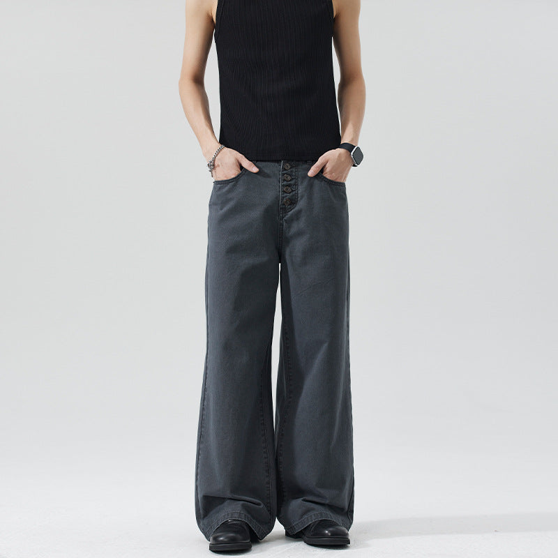 Herren Extraweite Denim-Hose mit sichtbarer Knopfleiste und bodenlangem Palazzoschnitt Echo Archiv