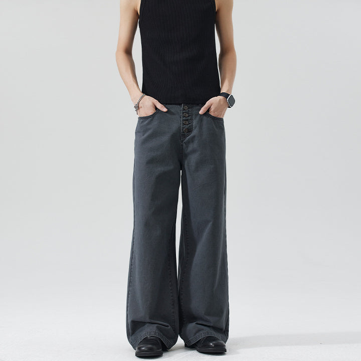 Herren Extraweite Denim-Hose mit sichtbarer Knopfleiste und bodenlangem Palazzoschnitt Echo Archiv