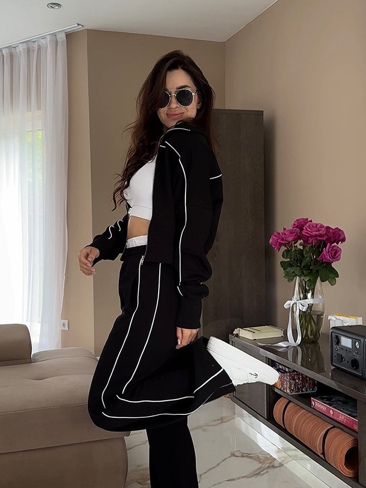 Damen nan zweiteiliges Sport-Loungewear-Set mit Stehkragen und Kontrastpaspel Echo Archiv