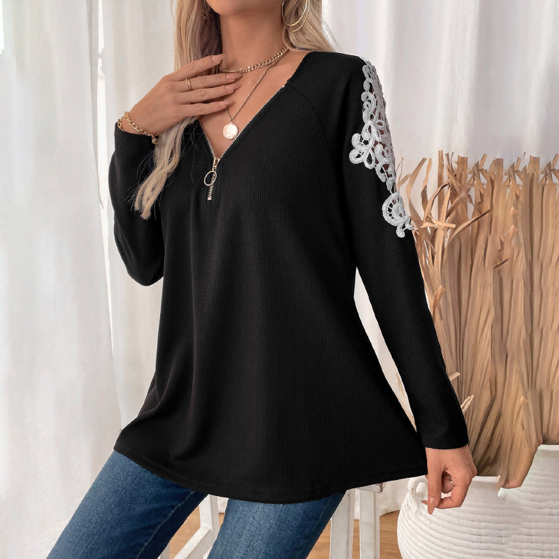 Damen Lässiges Longsleeve-Tunika-Shirt mit V‑Reißverschluss und Spitzenapplikation Echoarchiv