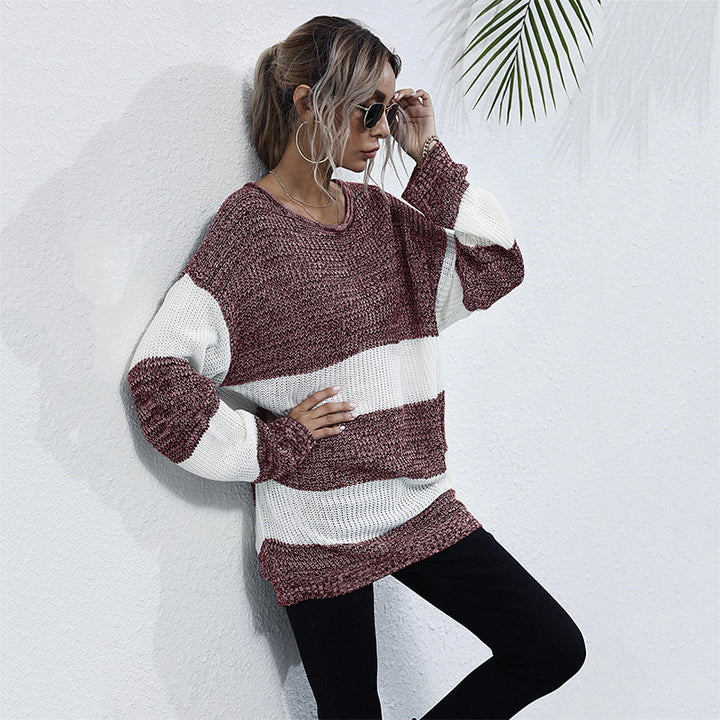 Damen Oversize Longpullover mit Blockstreifen und Rundhalsausschnitt Echoarchiv