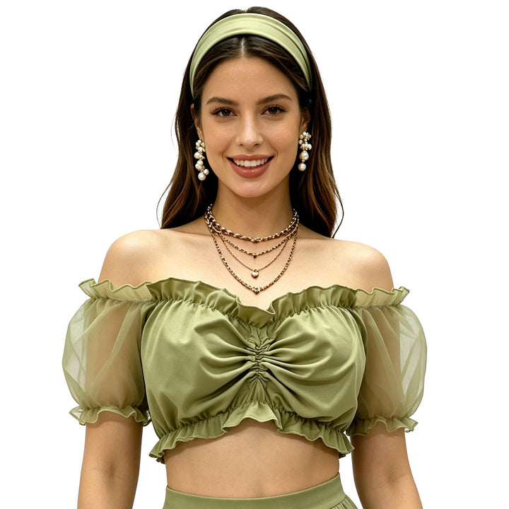 Damen nan gerafftes Crop Top mit Carmenausschnitt und transparenten Organzaärmeln Echo Archiv