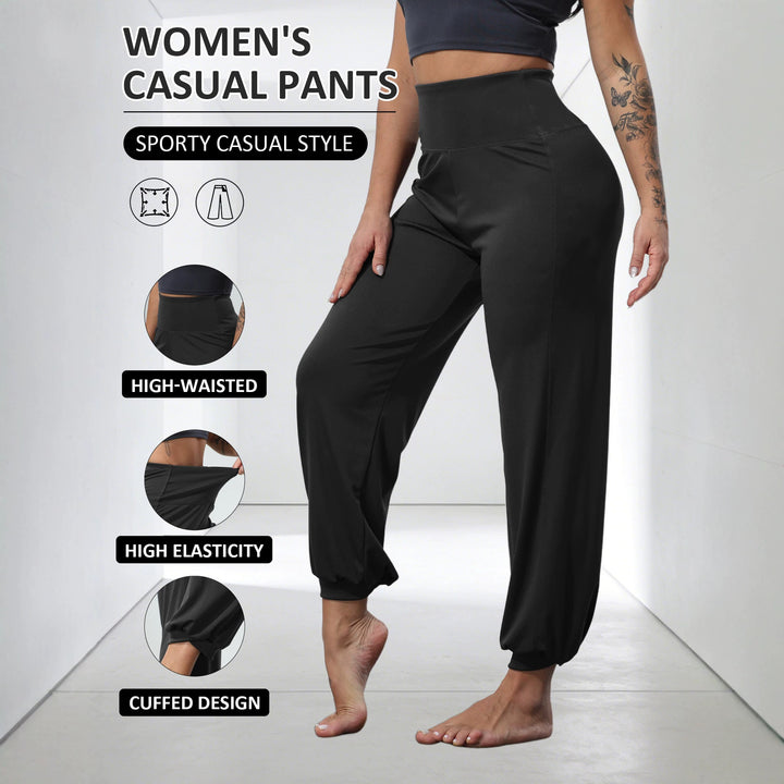 Damen weiche High-Waist Relax-Hose mit weitem Bein, elastischem Komfortbund und gekräuseltem Knöchelabschluss – Avélisse