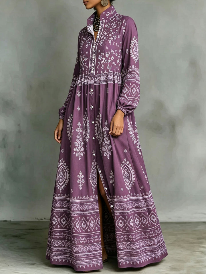 Damen Boho-Maxi-Hemdkleid mit Stickbordüren, hoher Stehkragen und Taschen Echoarchiv
