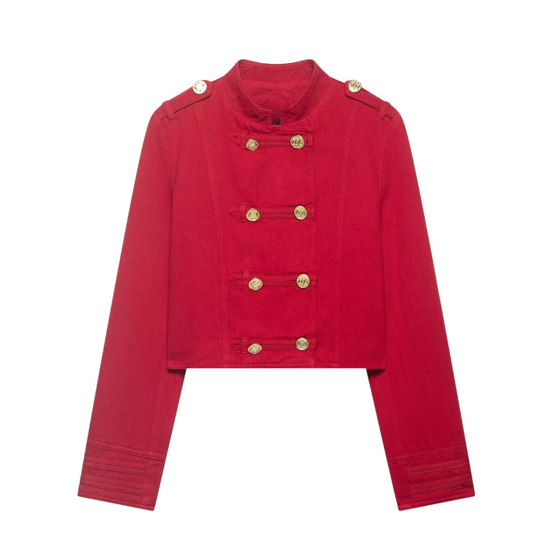 Damen Kurze Militärjacke im Cropped‑Schnitt mit Stehkragen und goldfarbenen Zierknöpfen Echo Archiv