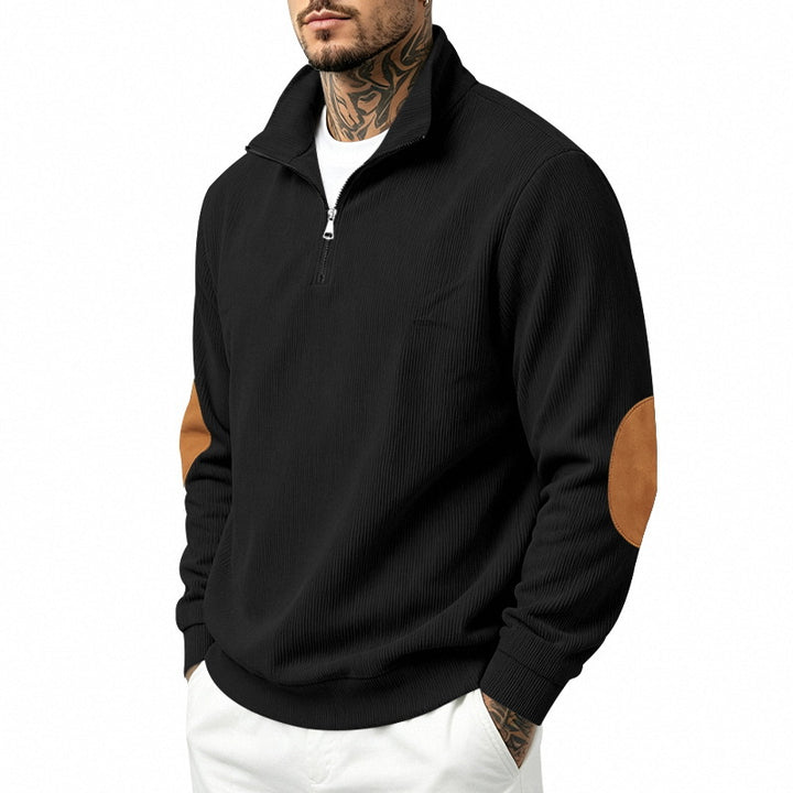 Herren Leichter Struktur-Halbzip-Pullover mit Cord‑Ellbogenpatches und Stehkragen Echoarchiv