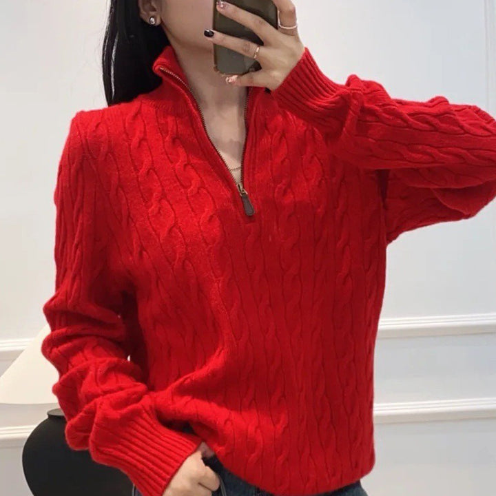 Herren eleganter Strickpullover mit halbem Reißverschluss und Zopfstrickmuster Echoarchiv