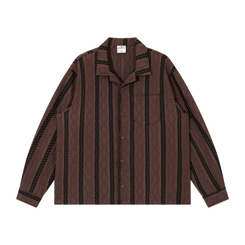 Unisex Leichte Hemdjacke mit Camp-Kragen, Relaxed‑Fit und vertikalem Zopfstreifenmuster Echoarchiv