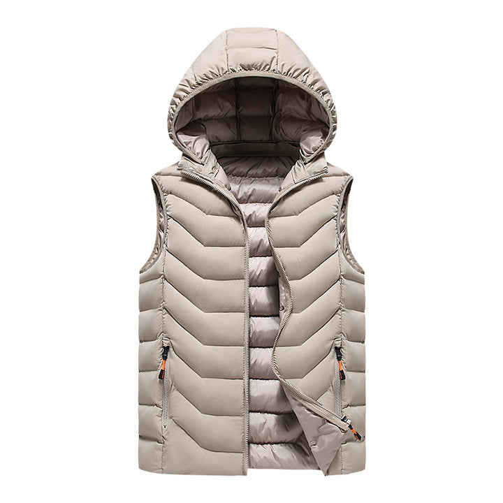 Herren Ärmellose Thermo-Utility‑Weste mit gesteppter Chevron‑Struktur, Kapuze und Zwei‑Wege‑Reißverschluss Echoarchiv
