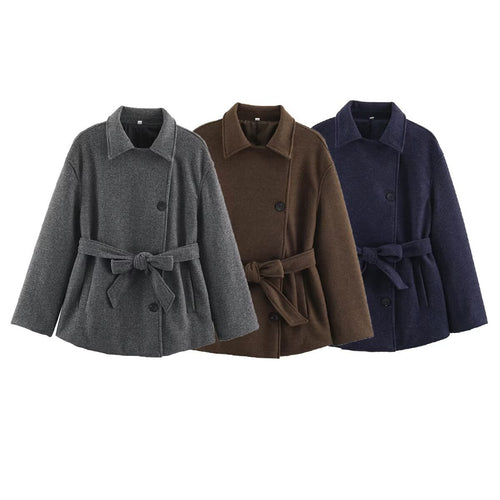 Damen Kurzmantel im Wickelstil mit Taillengürtel und kastiger Silhouette Echoarchiv