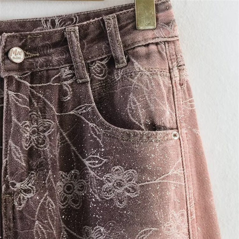 Damen High‑Waist-Jeanshose mit weitem Bein, floraler Vintage‑Print und Five‑Pocket-Schnitt Echo Archiv