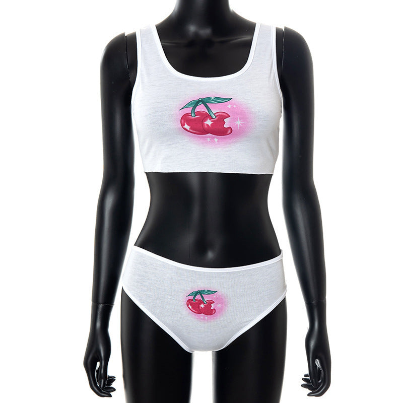 Damen Crop-Top und Unterhosen-Set mit fröhlichem Kirschmotiv Echo Archiv