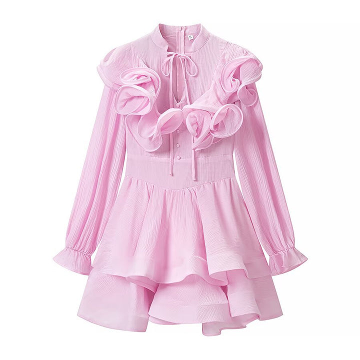 Damen Verspieltes Volant-Minikleid mit Rüschenkragen, plissierten Ärmeln und taillierter Silhouette Echo Archiv