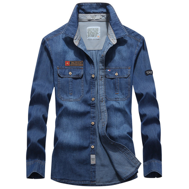 Herren Jeanshemd im Worker‑Style mit Brustklappen, Vintage‑Waschung und Badge‑Details – Arvello