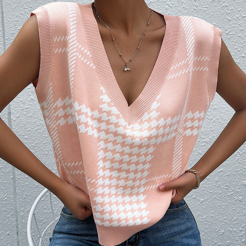 Damen Oversize-Strickweste mit V-Ausschnitt und Hahnentritt-Muster Echoarchiv