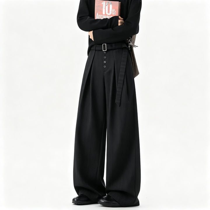 Herren Weite Nadelstreifen-Hose im Baggy‑Cut mit hoher Taille, Falten und Zierknopfleiste Echoarchiv