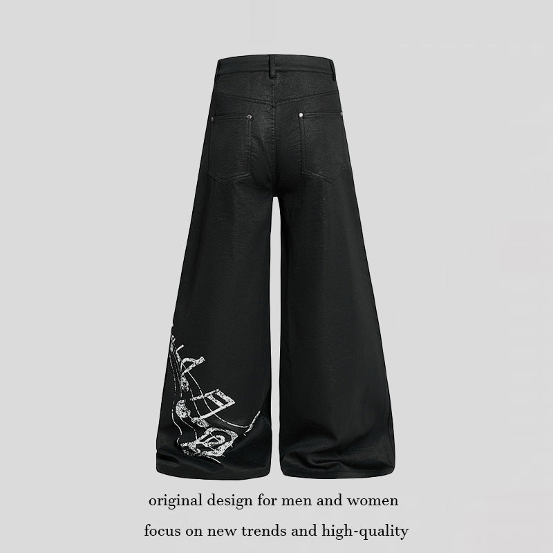 Damen Weite hochgeschnittene Palazzo-Hose mit beschichteter Lederoptik, extra weitem Bein und Statement-Print Echoarchiv