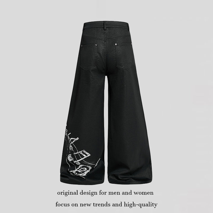 Damen Weite hochgeschnittene Palazzo-Hose mit beschichteter Lederoptik, extra weitem Bein und Statement-Print Echoarchiv