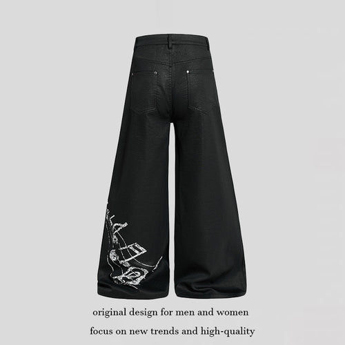 Damen Weite hochgeschnittene Palazzo-Hose mit beschichteter Lederoptik, extra weitem Bein und Statement-Print Echoarchiv