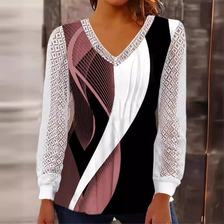 Damen V-Ausschnitt Bluse mit abstraktem Grafikprint und Spitzenärmeln Echo Archiv
