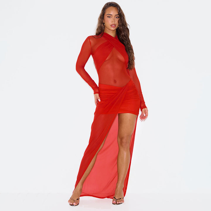 Damen Transparente Maxikleid mit Drapierungen und hochgeschlossenem Design Echo Archiv