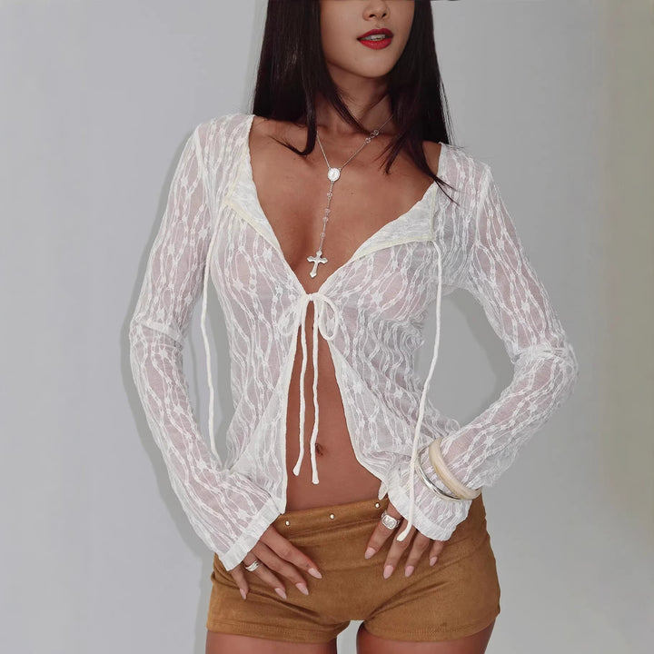 Damen Transparente Spitzenbluse mit tiefem V-Ausschnitt und Bändern Echo Archiv