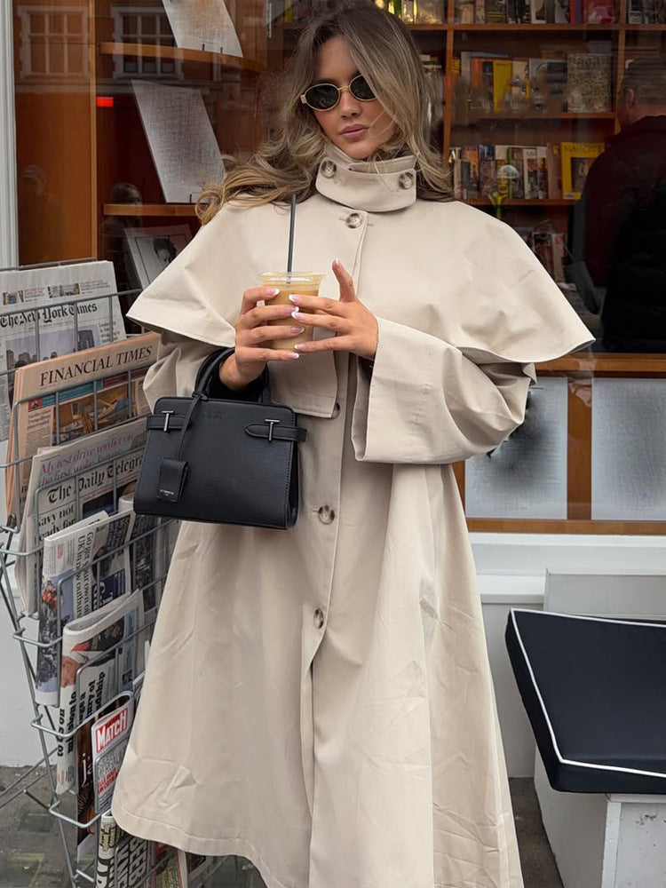 Damen Oversize-Trenchcoat mit Cape-Detail und hohem Stehkragen Echoarchiv
