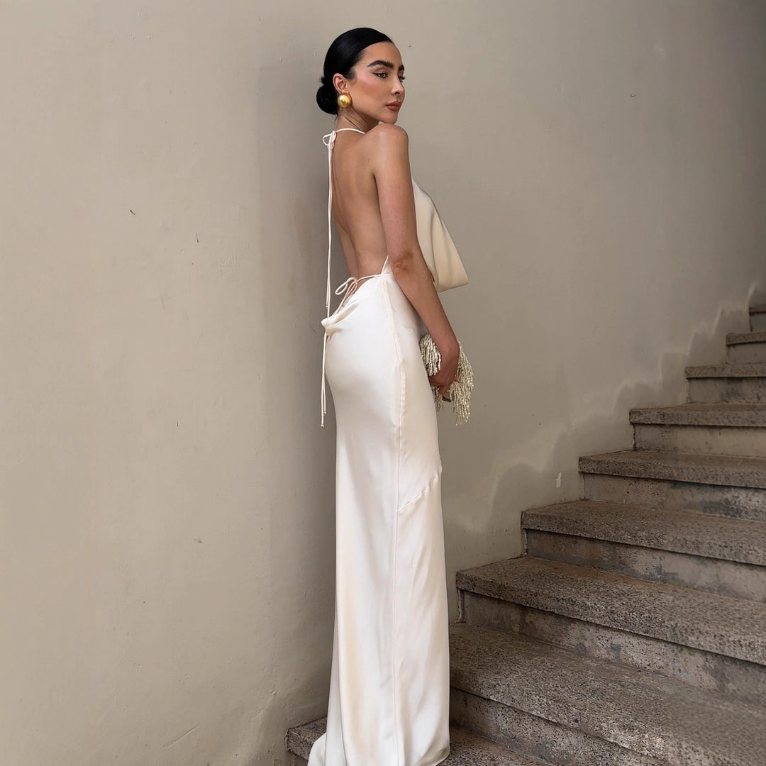 Damen elegantes Chiffon-Maxikleid mit tiefem Rückenausschnitt und raffiniertem Wickeldesign Echo Archiv