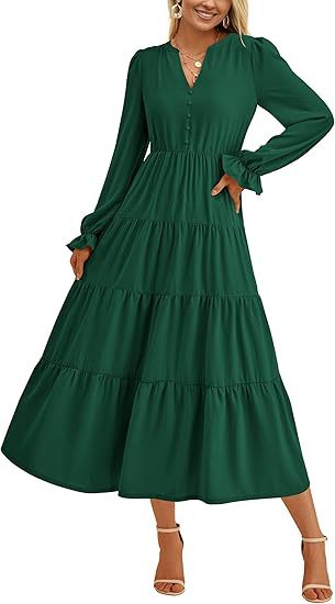 Damen Stufiges Midikleid mit V-Ausschnitt, geraffter Taillennaht und Rüschenmanschetten Echo Archiv