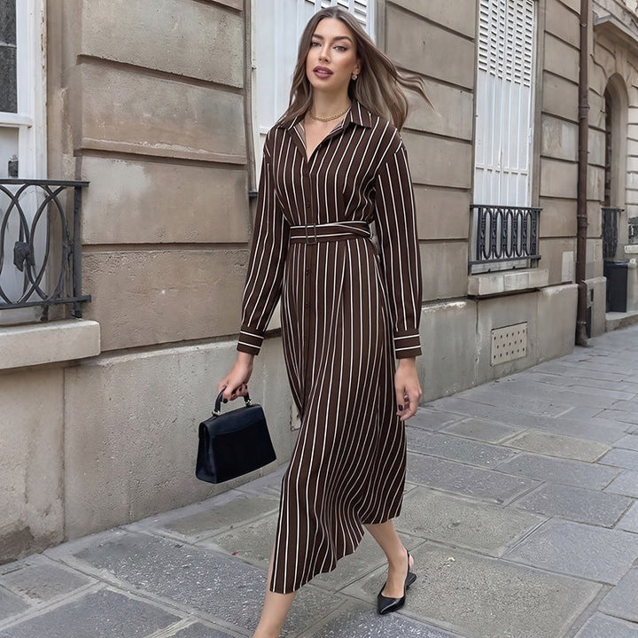 Damen Hemdblusenkleid mit Taillengürtel und vertikalem Nadelstreifen Echoarchiv
