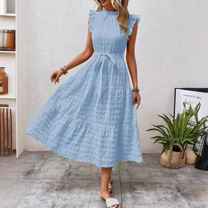 Damen Midikleid mit Stehkragen, Rüschenärmeln und Taillengürtel Echo Archiv