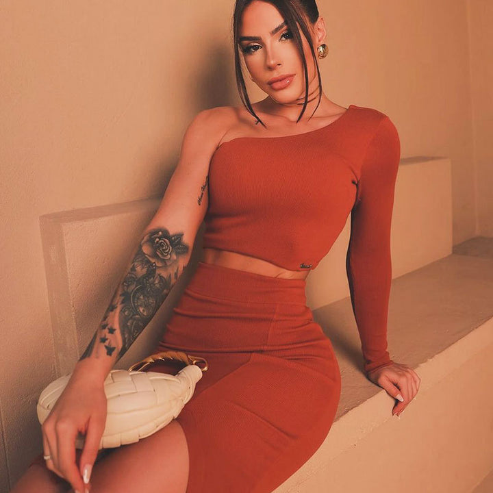 Damen asymmetrisches Crop-Top und figurbetonter Minirock-Set Echo Archiv