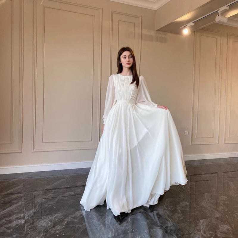 Echoarchiv | Durchsichtiges Weißes Hochzeitskleid Rundhalsausschnitt Lange Ärmel Kleid